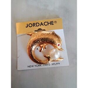 Jordache Vintage Gold Tone Dolphin Brooch Pin with Faux Pearl